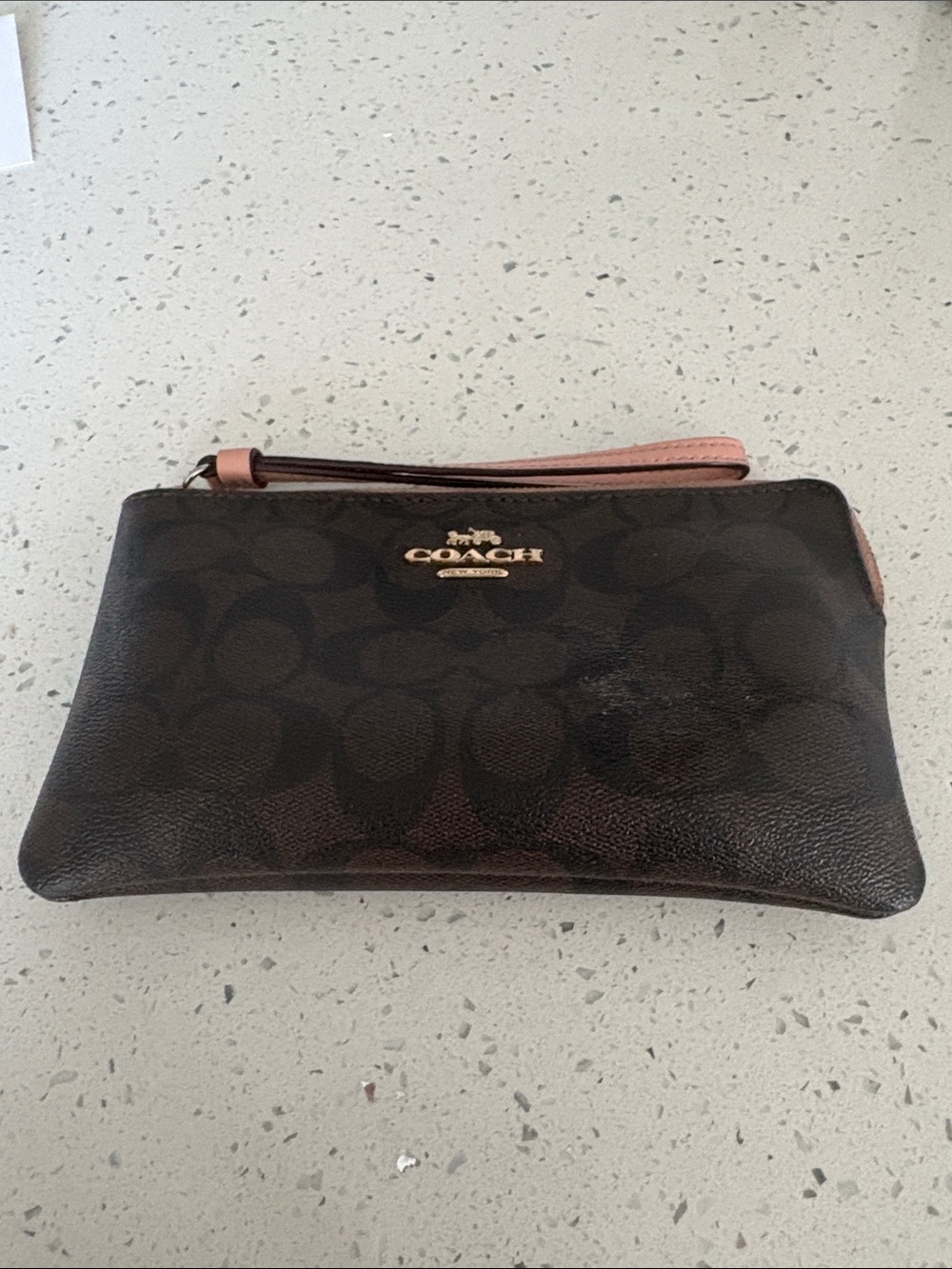Coach Brown Signature Wristlet with Pink Strap and Gold Hardware